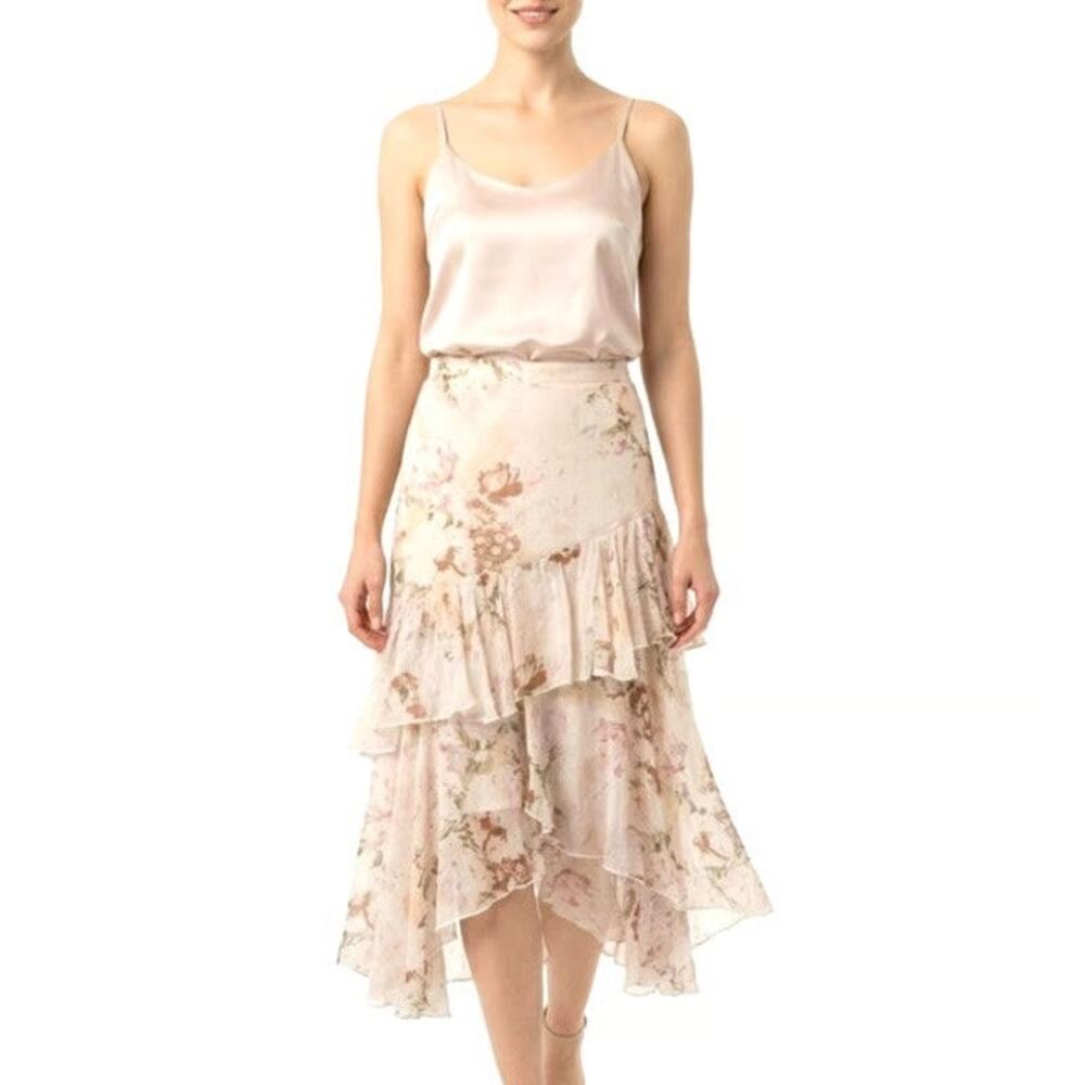 XXL Sundance Silk Blend Pink Floral Tiered Ruffle Hanky Hem Boho Midi Skirt PL